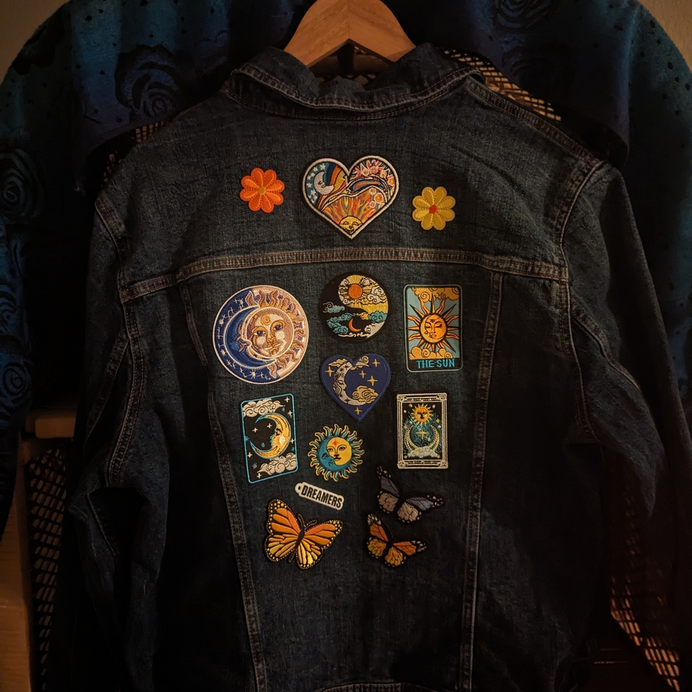 Old Navy Dark Blue Jean Jacket with Colorful Patches